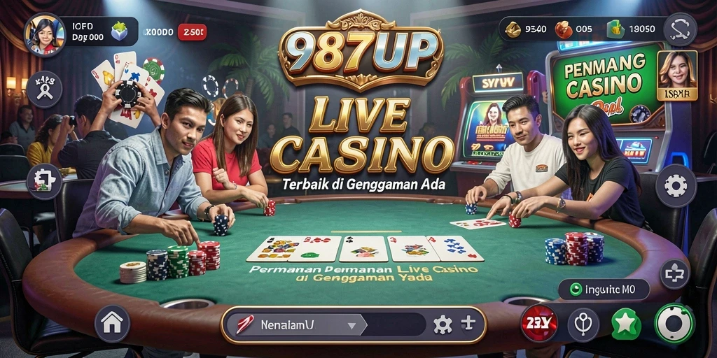 Tangkapan layar menunjukkan dealer cantik dan gameplay Live Casino yang menarik.