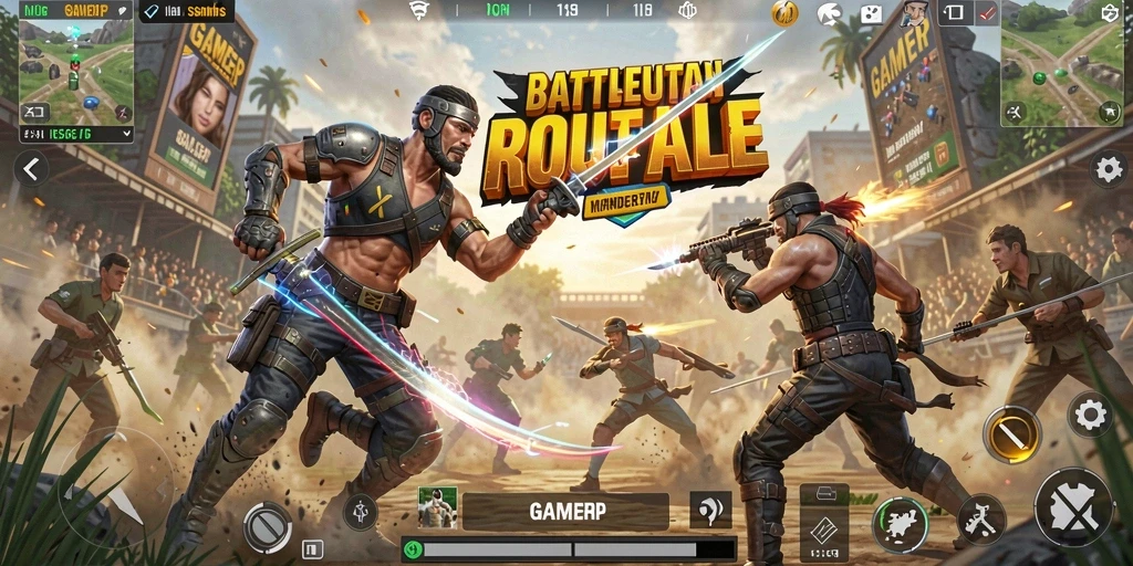 Screenshot utama GAMERP menampilkan pertarungan Battle Royale yang seru.
