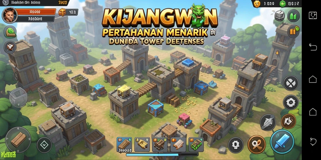 Tampilan gameplay KIJANGWIN dengan menara dan musuh yang beragam.