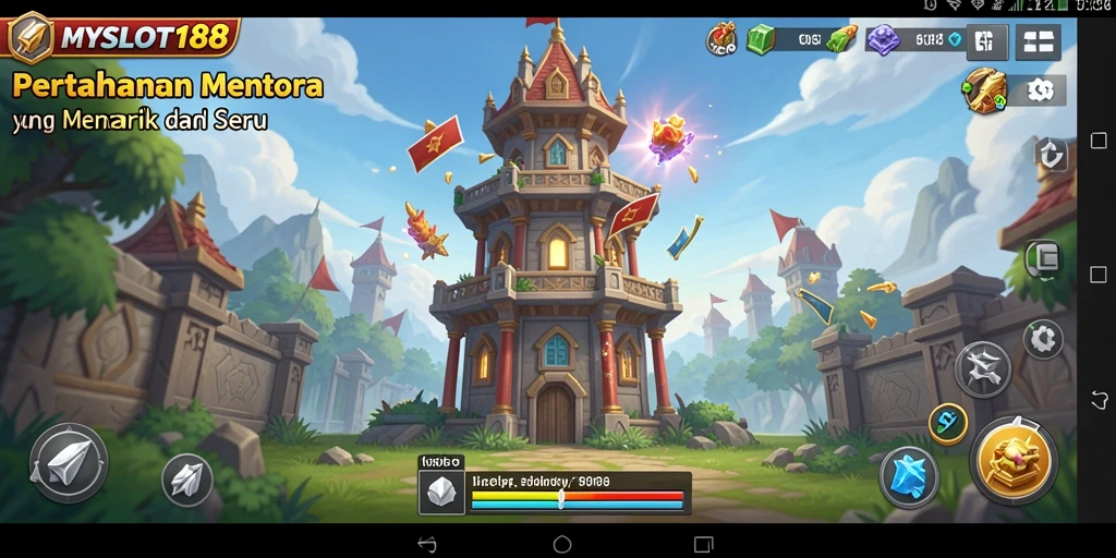 Tampilan gameplay seru MYSLOT188 dalam Tower Defense dengan berbagai menara strategis.