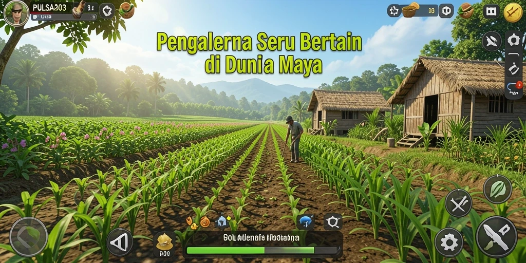 Tangkapan layar menampilkan ladang pertanian yang indah dan beragam tanaman.