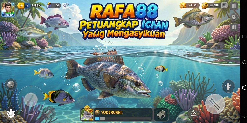 Tangkapan layar utama RAFA88 menampilkan aksi menangkap ikan yang penuh warna.