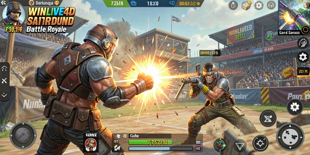 Screenshot WINLIVE4D menampilkan aksi pertarungan Battle Royale yang mendebarkan.